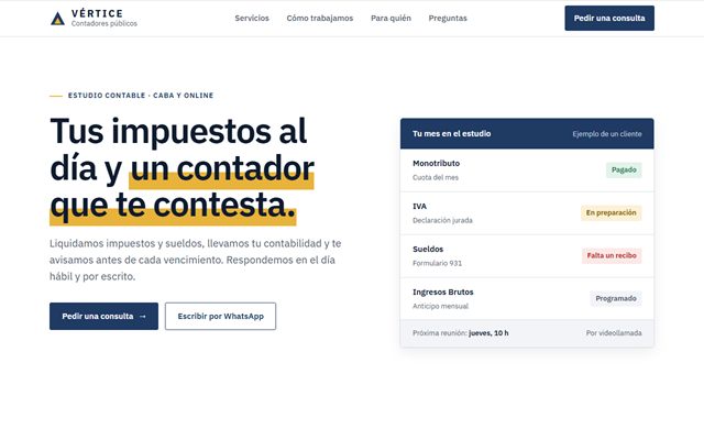 La demo del estudio contable en computadora: titular «Tus impuestos al día y un contador que te contesta» y un panel con los impuestos del mes.