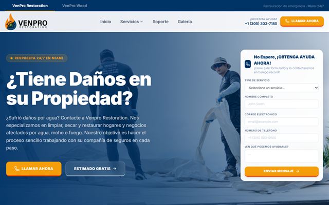La web de VenPro Restoration en computadora: titular «¿Tiene daños en su propiedad?», botones para llamar y pedir un estimado, y el formulario de contacto.